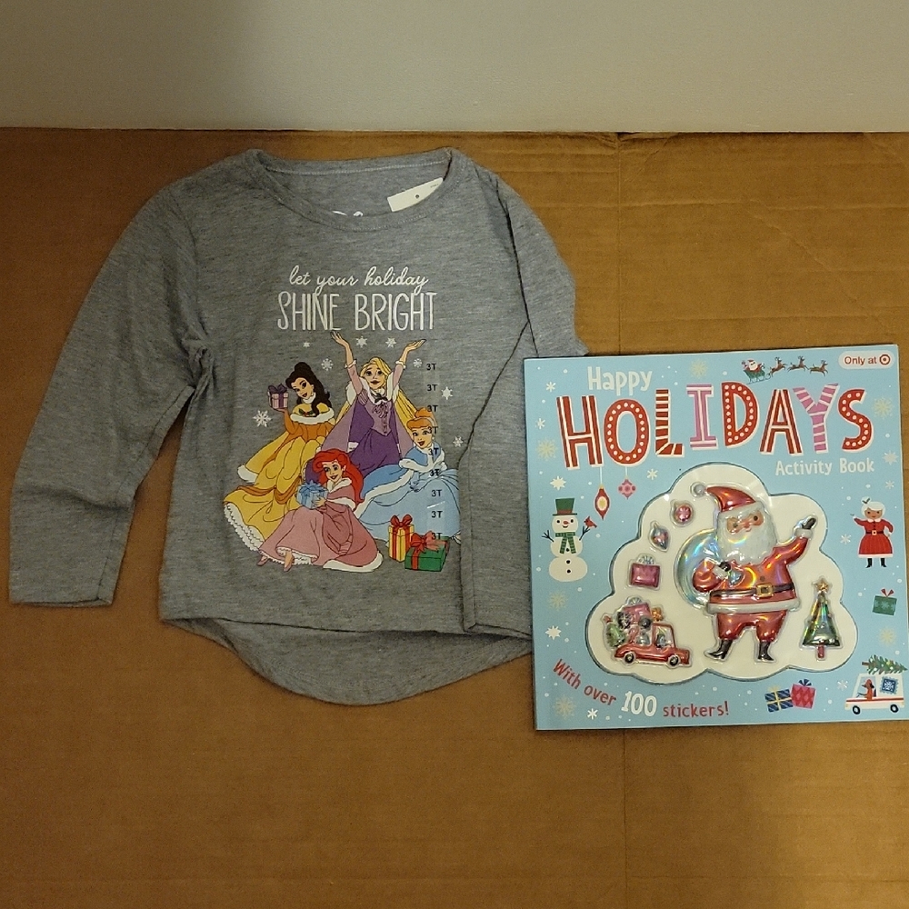 NWT: Disney Princess Long Sleeve Shirt & Happy Holidays Hardcover Activity Book